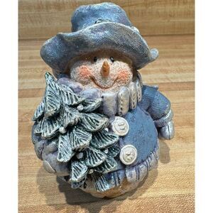 Vintage 2001‎ Youngs Hollow Resin Glittery Silver Blue Snowman W/ Christmas Tree
